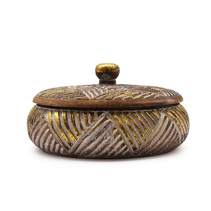 Round Wooden Gold & Natural Trinket Jewellery Box