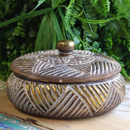 Round Wooden Gold & Natural Trinket Jewellery Box