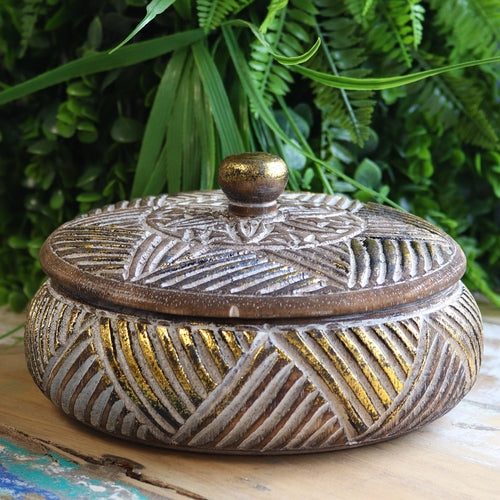 Round Wooden Gold & Natural Trinket Jewellery Box