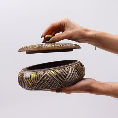Round Wooden Gold & Natural Trinket Jewellery Box