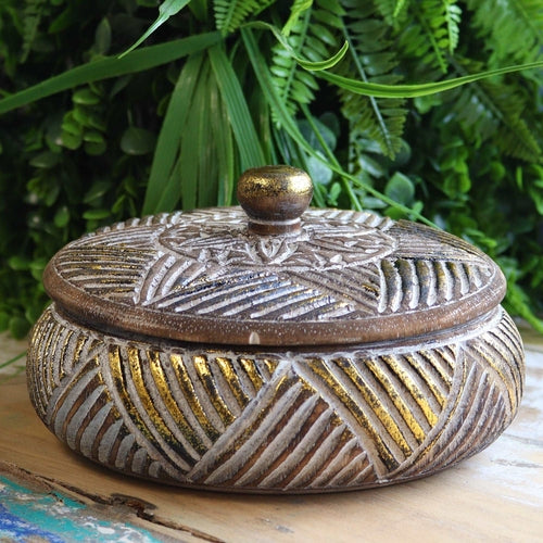 Round Wooden Gold & Natural Trinket Jewellery Box