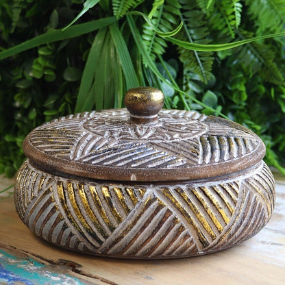 Round Wooden Gold & Natural Trinket Jewellery Box