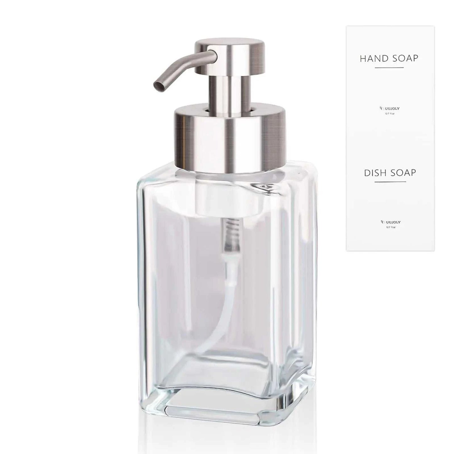 Foaming Soap Dispenser with Stainless Steel Pump 12oz Refillable Glass Liquid Dish Soap Bottles for Bathroom Kitchen Sink Home Decor