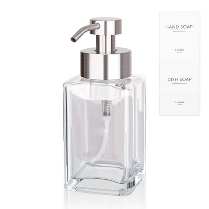Foaming Soap Dispenser with Stainless Steel Pump 12oz Refillable Glass Liquid Dish Soap Bottles for Bathroom Kitchen Sink Home Decor